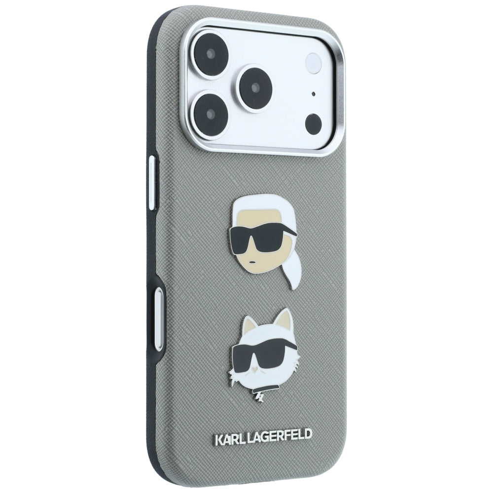 Maska za Apple iPhone 18 Pro / 17 Pro, Karl Lagerfeld, Saffiano sa iglom sa likom Karla i Choupette i logotipom, siva