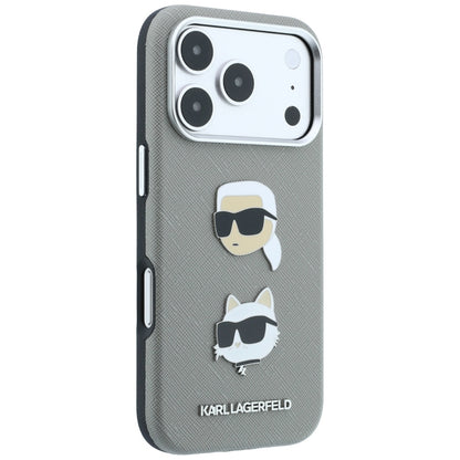 Maska za Apple iPhone 18 Pro / 17 Pro, Karl Lagerfeld, Saffiano sa iglom sa likom Karla i Choupette i logotipom, siva