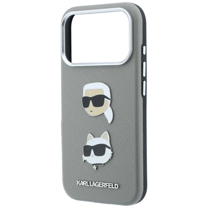 Maska za Apple iPhone 18 Pro / 17 Pro, Karl Lagerfeld, Saffiano sa iglom sa likom Karla i Choupette i logotipom, siva