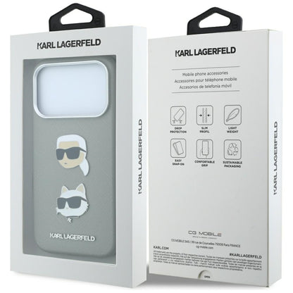 Maska za Apple iPhone 18 Pro / 17 Pro, Karl Lagerfeld, Saffiano sa iglom sa likom Karla i Choupette i logotipom, siva