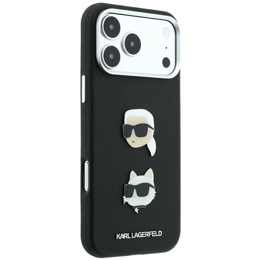 Maska za Apple iPhone 18 Pro / 17 Pro, Karl Lagerfeld, Saffiano sa iglom sa likovima Karla i Choupette i logotipom, crna