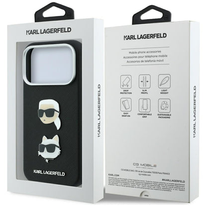 Maska za Apple iPhone 18 Pro / 17 Pro, Karl Lagerfeld, Saffiano sa iglom sa likovima Karla i Choupette i logotipom, crna