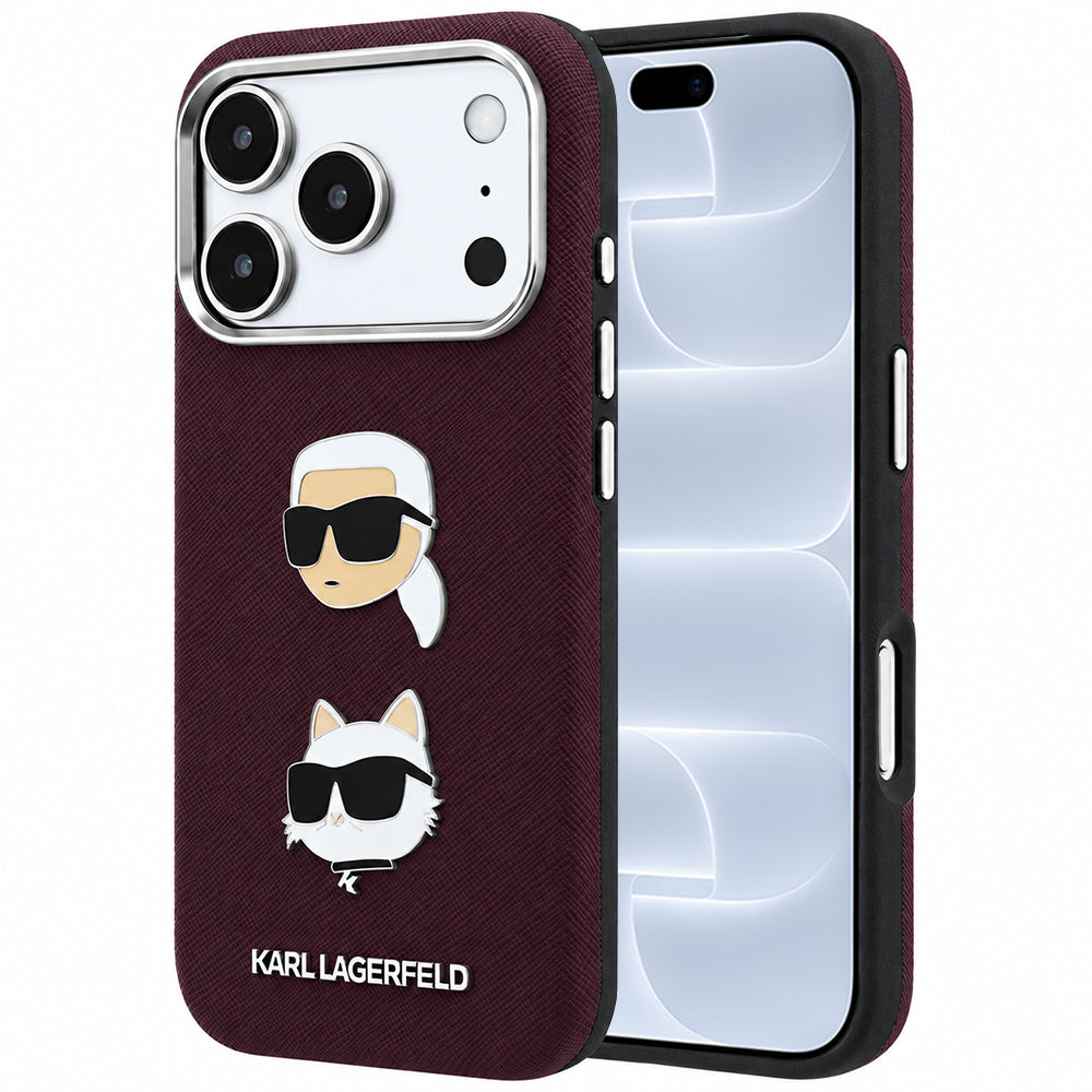 Futrola za Apple iPhone 18 Pro / 17 Pro, Karl Lagerfeld, Saffiano sa Karl & Choupette Head's Pin i Logom, Bordo