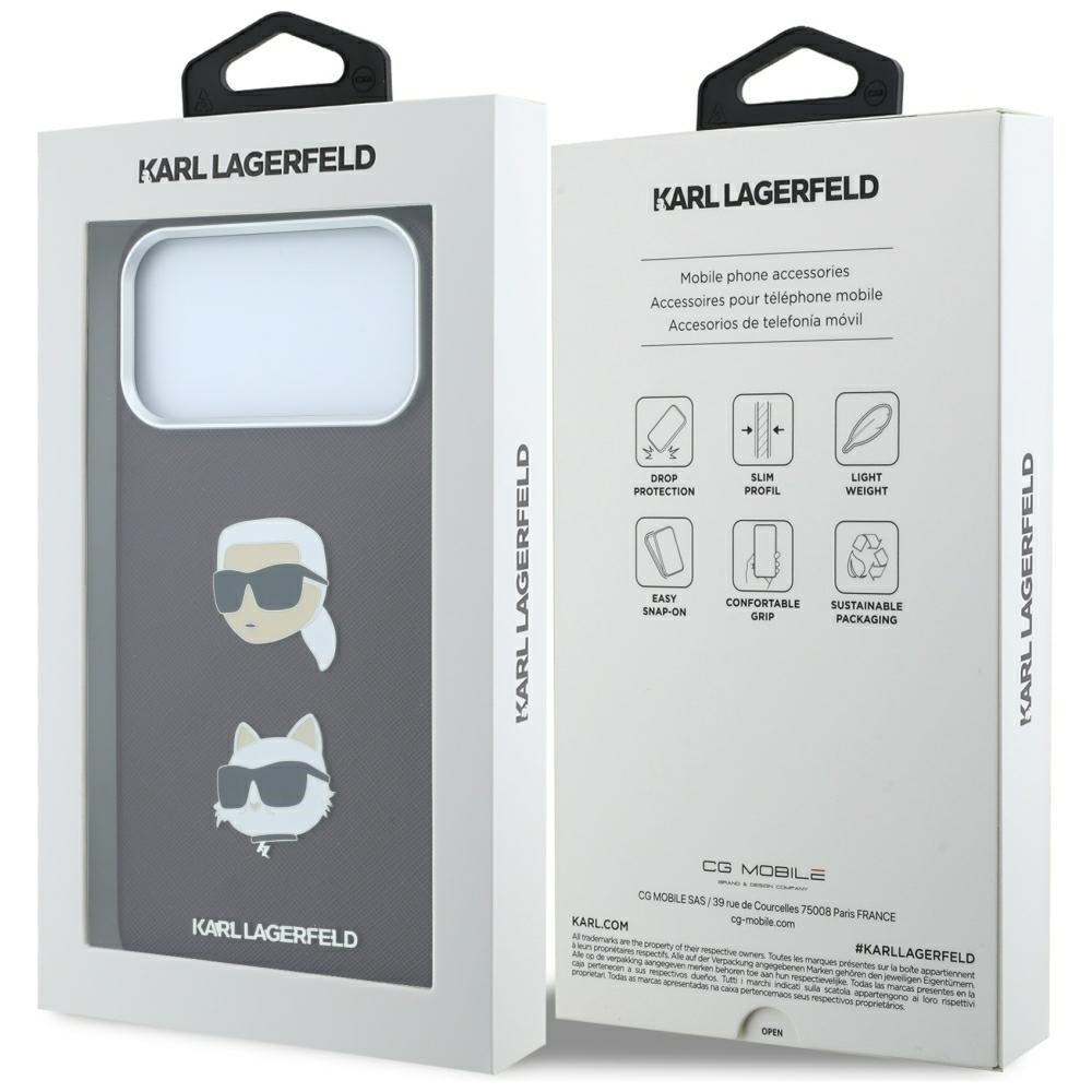 Futrola za Apple iPhone 18 Pro / 17 Pro, Karl Lagerfeld, Saffiano sa Karl & Choupette Head's Pin i Logom, Bordo
