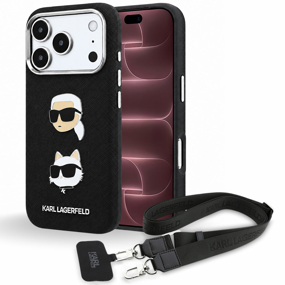 Futrola za Apple iPhone 18 Pro Max / 17 Pro Max, Karl Lagerfeld, Saffiano Crossbody Karl & Choupette Head's Pins Logo, crna