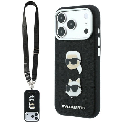 Futrola za Apple iPhone 18 Pro Max / 17 Pro Max, Karl Lagerfeld, Saffiano Crossbody Karl & Choupette Head's Pins Logo, crna
