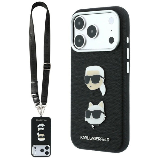 Futrola za Apple iPhone 18 Pro Max / 17 Pro Max, Karl Lagerfeld, Saffiano Crossbody Karl & Choupette Head's Pins Logo, crna