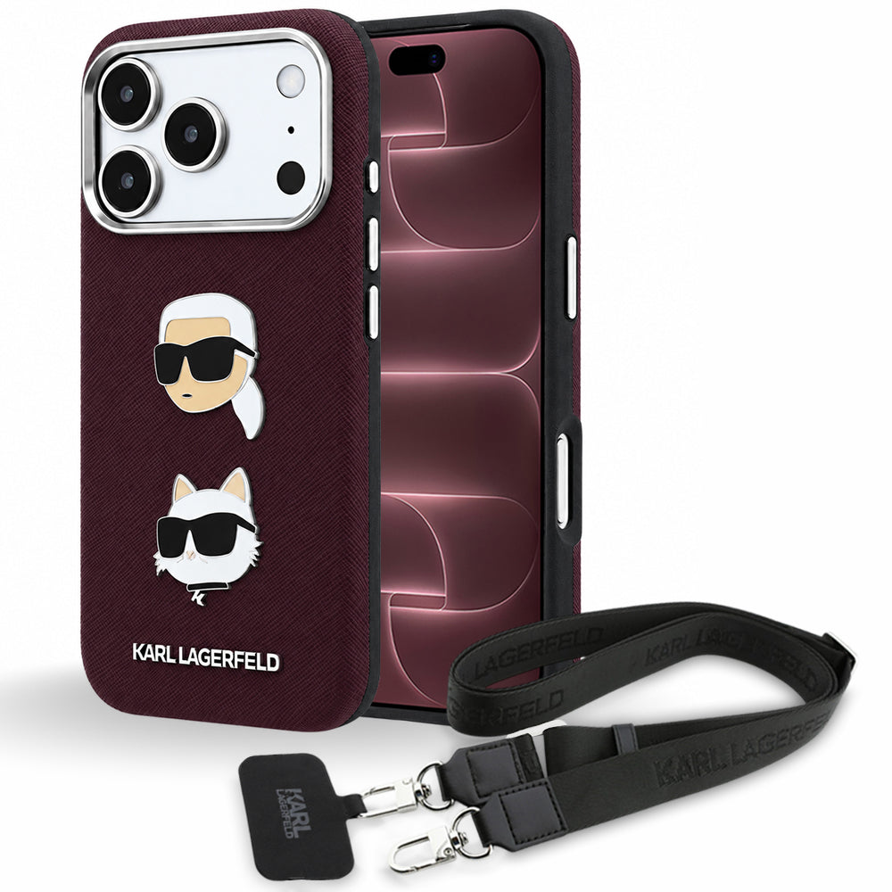 Maska za Apple iPhone 18 Pro Max / 17 Pro Max, Karl Lagerfeld, Saffiano Crossbody Karl & Choupette Head's Pins Logo, bordo