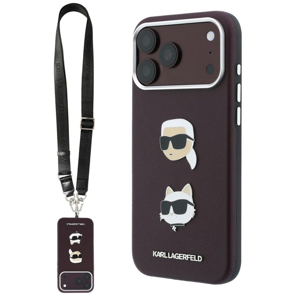 Maska za Apple iPhone 18 Pro Max / 17 Pro Max, Karl Lagerfeld, Saffiano Crossbody Karl & Choupette Head's Pins Logo, bordo