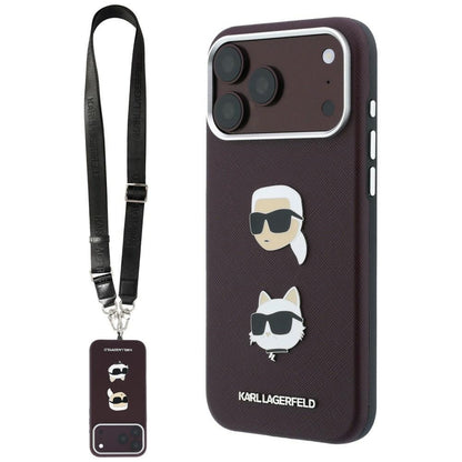 Maska za Apple iPhone 18 Pro Max / 17 Pro Max, Karl Lagerfeld, Saffiano Crossbody Karl & Choupette Head's Pins Logo, bordo