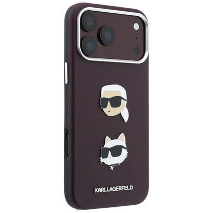 Maska za Apple iPhone 18 Pro Max / 17 Pro Max, Karl Lagerfeld, Saffiano Crossbody Karl & Choupette Head's Pins Logo, bordo