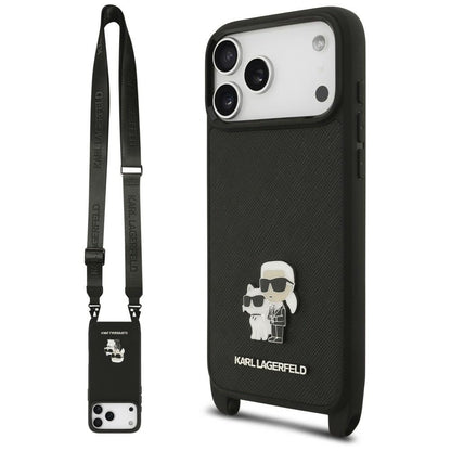 Maska za Apple iPhone 18 Pro Max / 17 Pro Max, Karl Lagerfeld, Saffiano Crossbody Metal Pin Karl & Choupette, crna