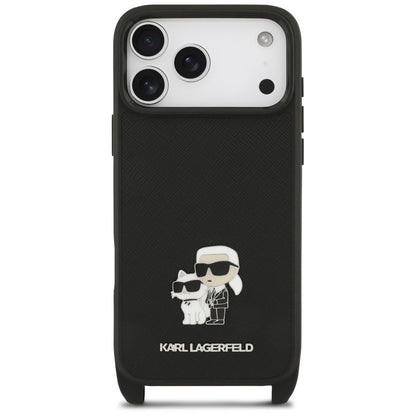Maska za Apple iPhone 18 Pro Max / 17 Pro Max, Karl Lagerfeld, Saffiano Crossbody Metal Pin Karl & Choupette, crna
