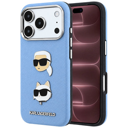 Futrola za Apple iPhone 18 Pro Max / 17 Pro Max, Karl Lagerfeld, Saffiano sa Karl & Choupette Head's Pin i Logo, Plava