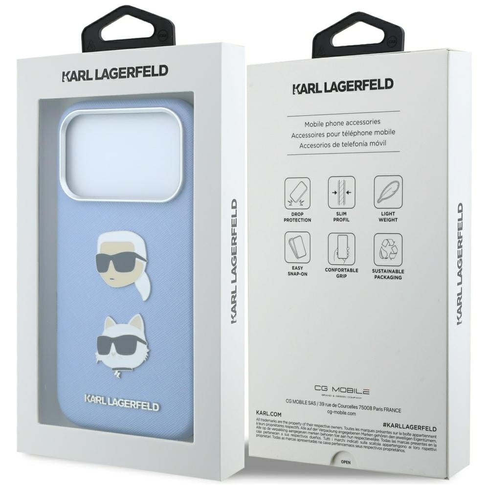 Futrola za Apple iPhone 18 Pro Max / 17 Pro Max, Karl Lagerfeld, Saffiano sa Karl & Choupette Head's Pin i Logo, Plava
