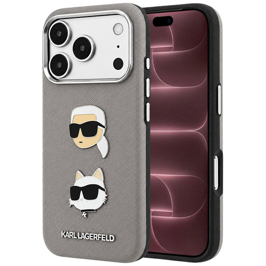 Maska za Apple iPhone 18 Pro Max / 17 Pro Max, Karl Lagerfeld, Saffiano sa iglom sa likovima Karla i Choupette i logotipom, siva