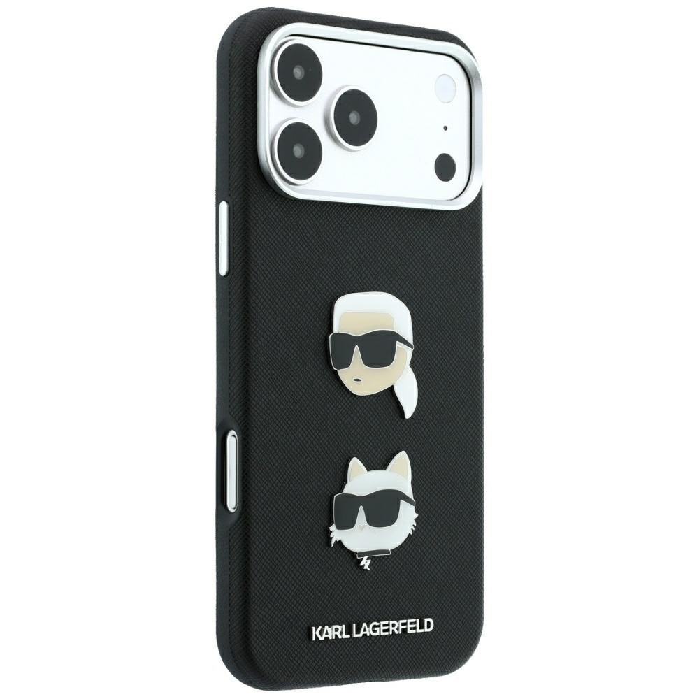 Futrola za Apple iPhone 18 Pro Max / 17 Pro Max, Karl Lagerfeld, Saffiano sa Karl & Choupette Head's Pin i Logom, Crna