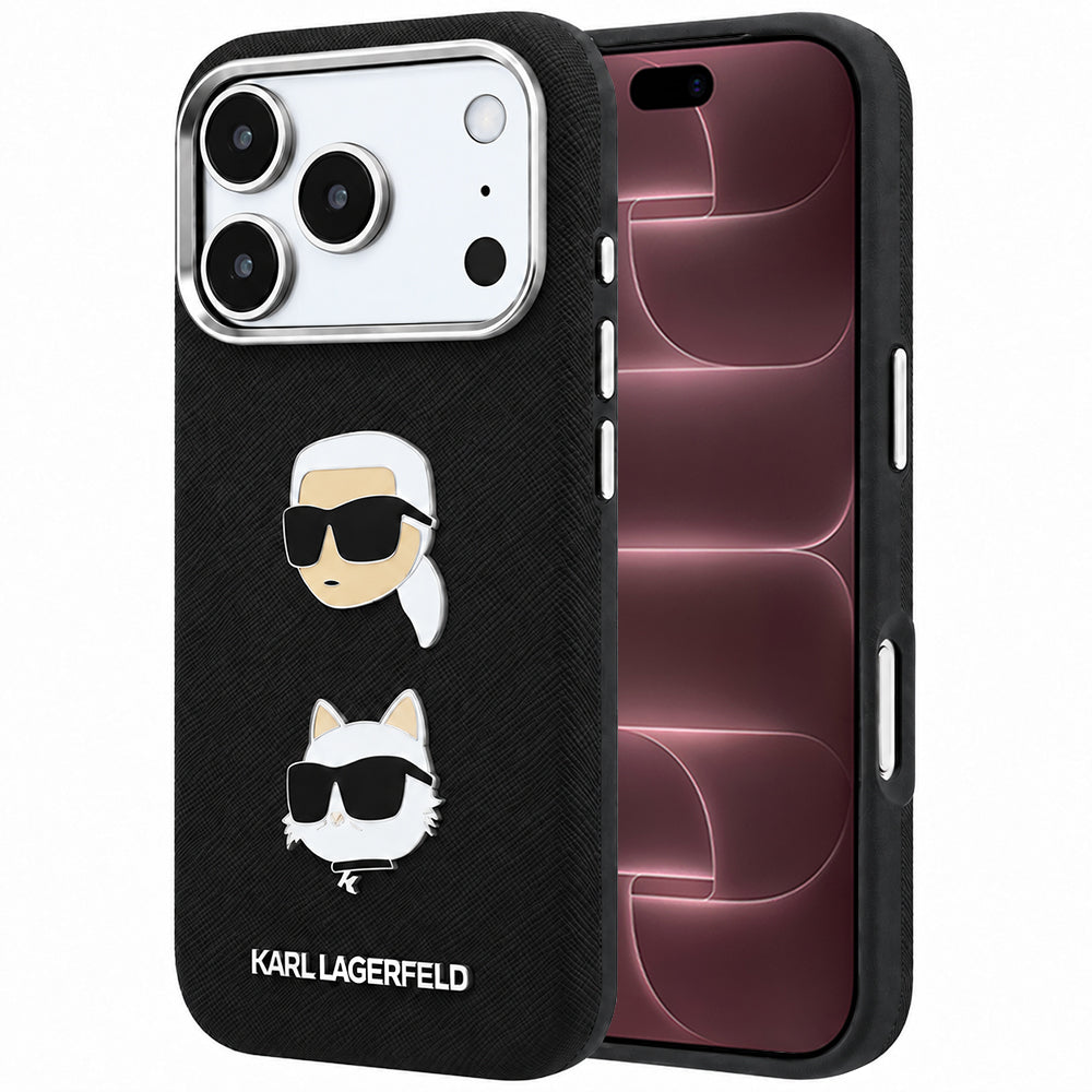 Futrola za Apple iPhone 18 Pro Max / 17 Pro Max, Karl Lagerfeld, Saffiano sa Karl & Choupette Head's Pin i Logom, Crna