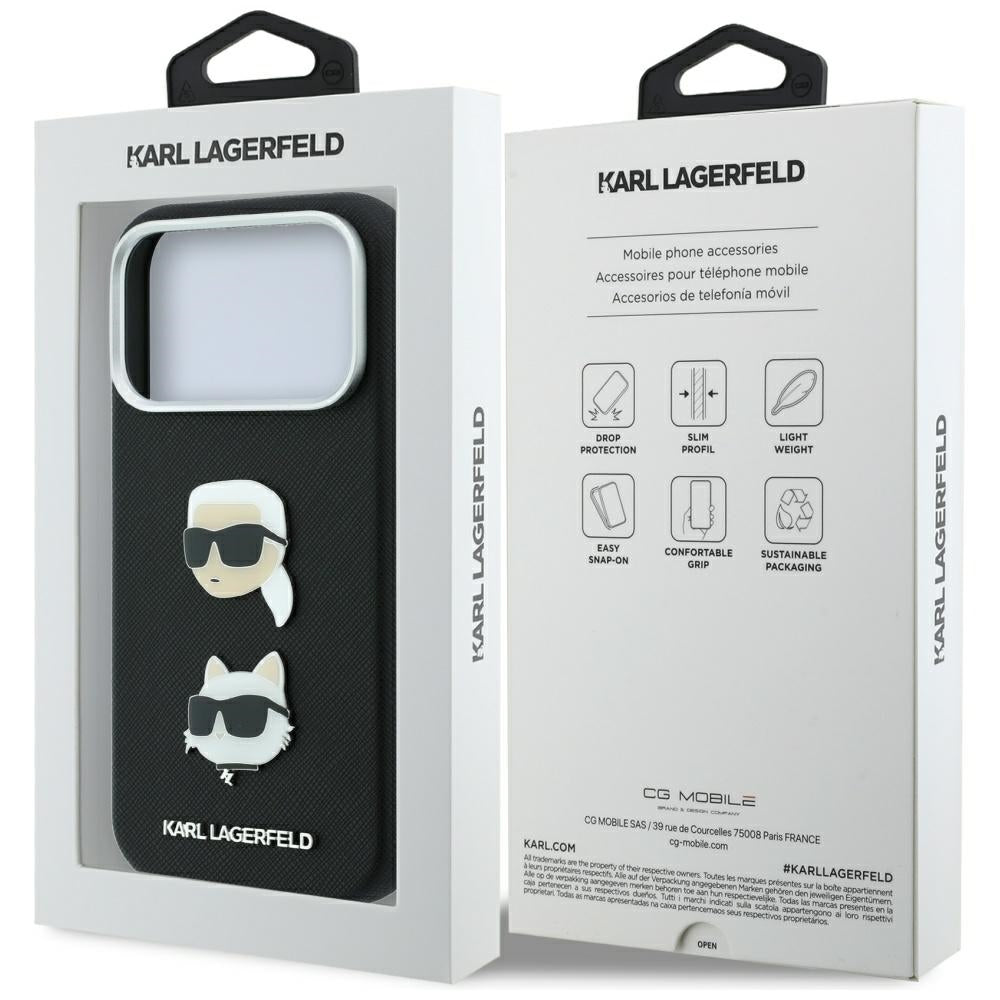 Futrola za Apple iPhone 18 Pro Max / 17 Pro Max, Karl Lagerfeld, Saffiano sa Karl & Choupette Head's Pin i Logom, Crna