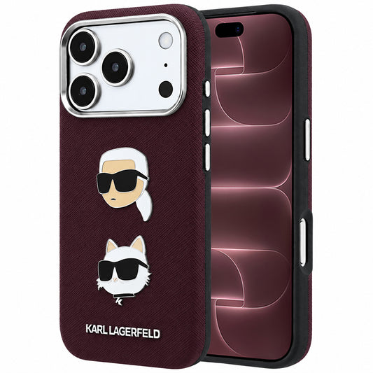 Futrola za Apple iPhone 18 Pro Max / 17 Pro Max, Karl Lagerfeld, Saffiano sa Karl & Choupette Head's Pin i Logom, Bordo