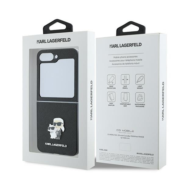 Futrola za Samsung Galaxy Z Flip7 FE F761 / Z Flip6 F741, Karl Lagerfeld, Saffiano Karl & Choupette Metal, Crna