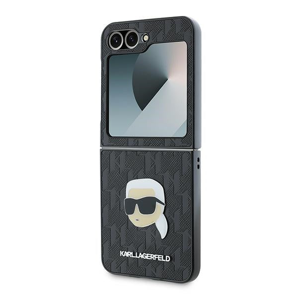Futrola za Samsung Galaxy Z Flip7 FE F761 / Z Flip6 F741, Karl Lagerfeld, Saffiano Monogram Karl's Head Metal, Crna