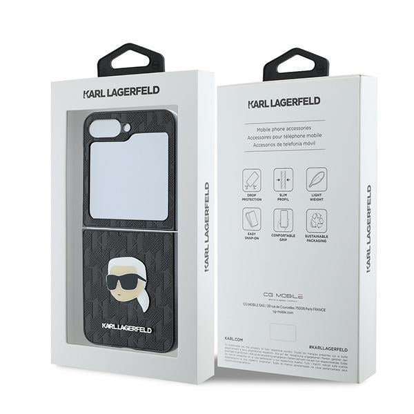 Futrola za Samsung Galaxy Z Flip7 FE F761 / Z Flip6 F741, Karl Lagerfeld, Saffiano Monogram Karl's Head Metal, Crna
