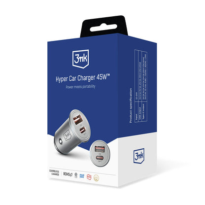 Auto punjač 3MK Hyper, 45W, 3A, 1 x USB-A - 1 x USB-C, Srebrni