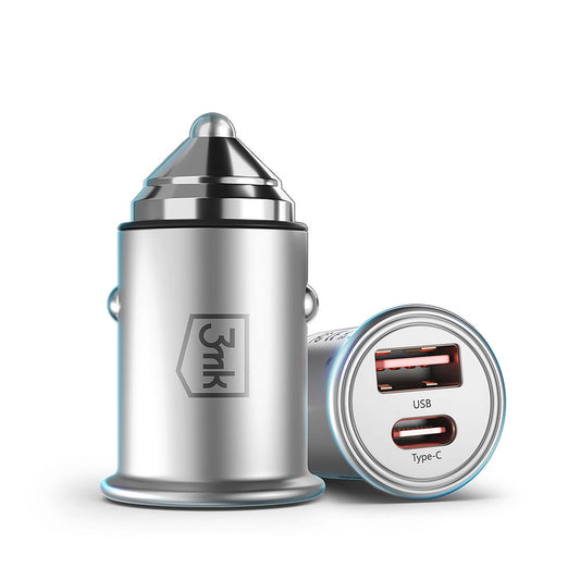 Car Charger 3MK Hyper, 45W, 3A, 1 x USB-A - 1 x USB-C, Silver 