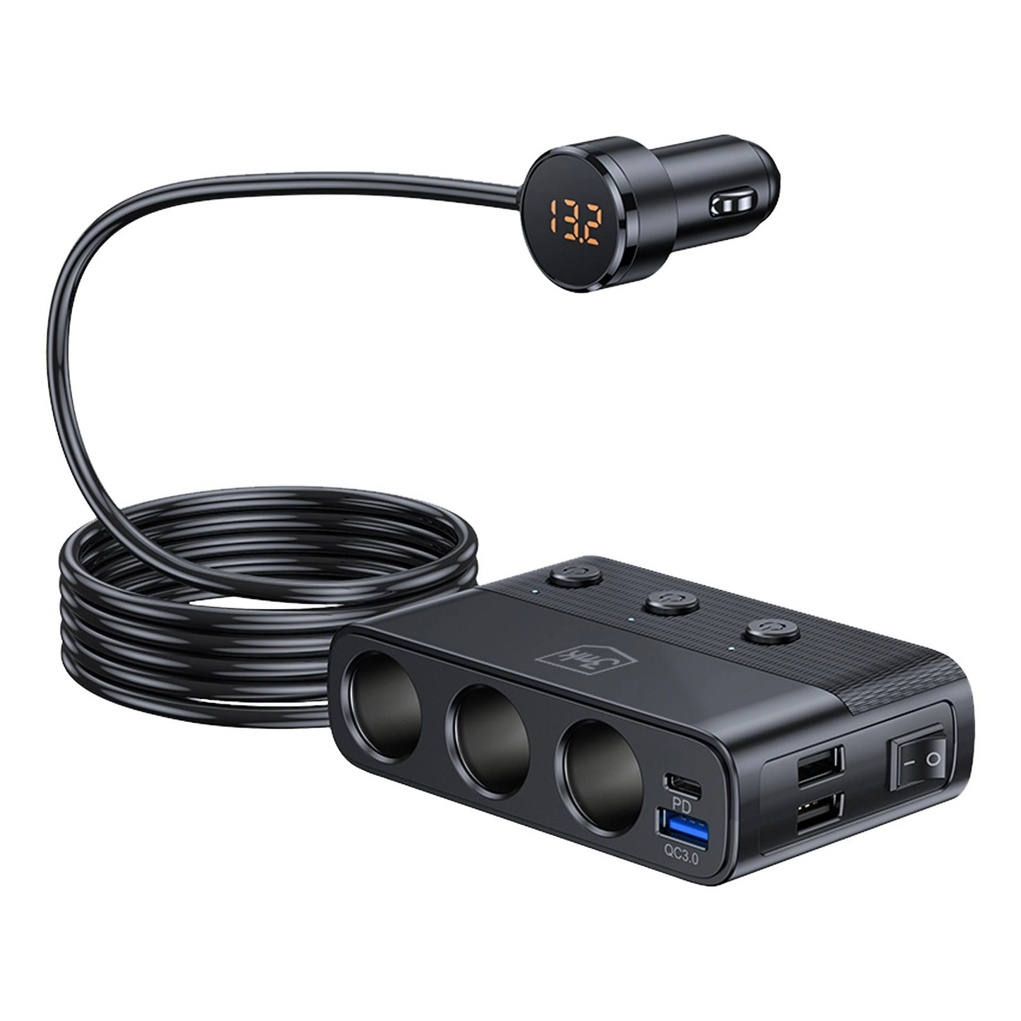 Auto punjač 3MK Power Splitter, 120W, 3A, 3 x USB-A - 1 x USB-C - 3 x produžetak upaljača, Crna