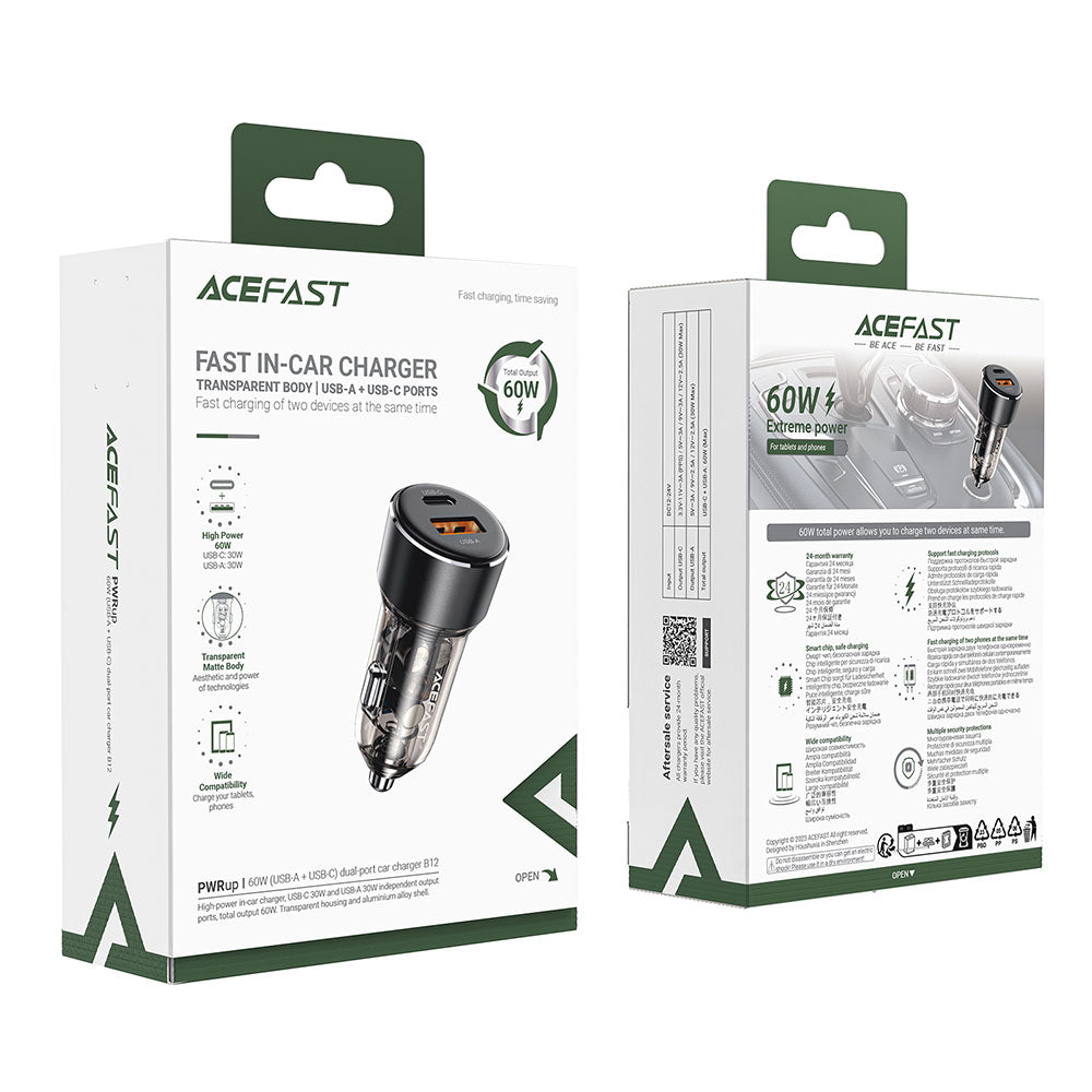 Auto punjač Acefast B12, 60W, 3A, 1 x USB-A - 1 x USB-C, Crni