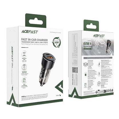 Auto punjač Acefast B12, 60W, 3A, 1 x USB-A - 1 x USB-C, Crni