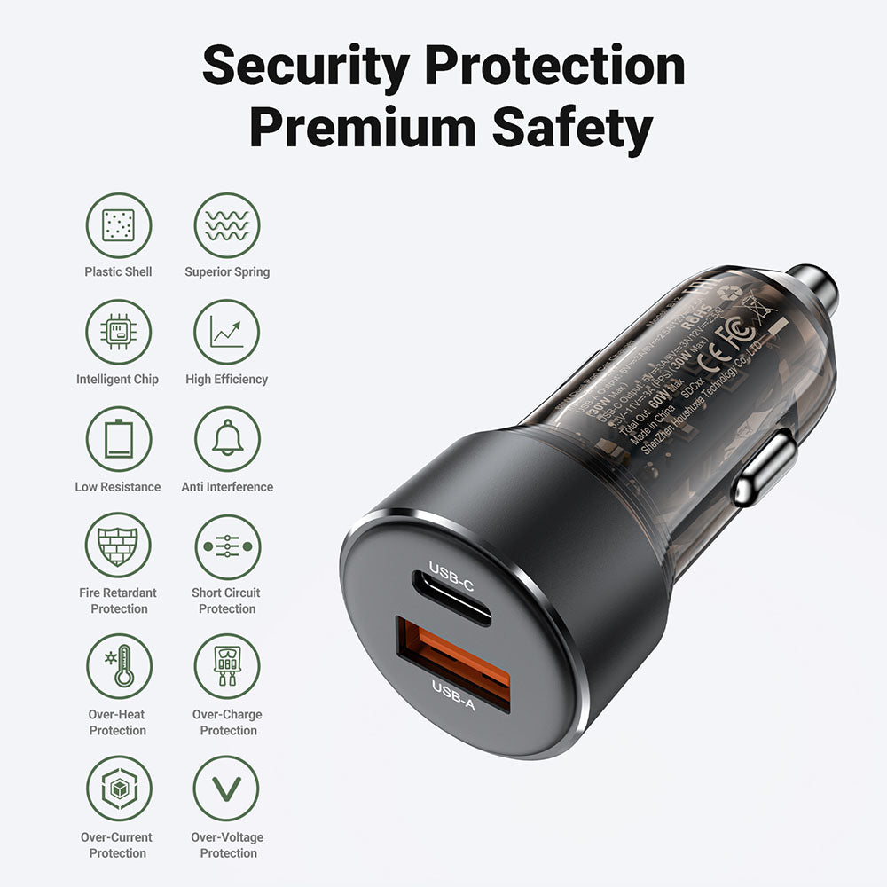 Auto punjač Acefast B12, 60W, 3A, 1 x USB-A - 1 x USB-C, Crni