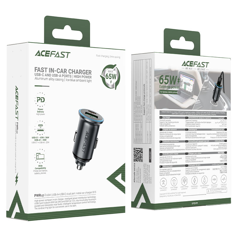 Auto punjač Acefast B15, 65W, 3.25A, 1 X USB-A - 1 x USB-C, Sivi