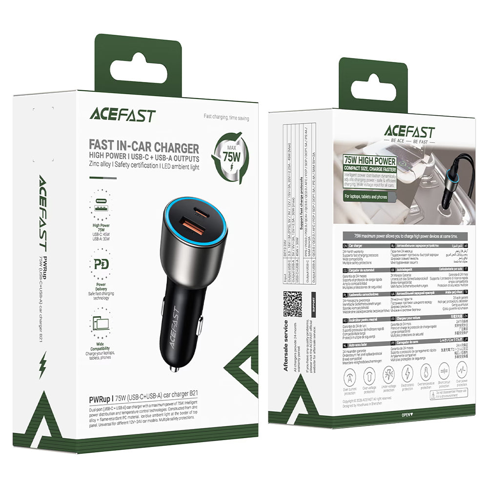 Auto punjač Acefast B21, 75W, 3A, 1 x USB-A - 1 x USB-C, Siva