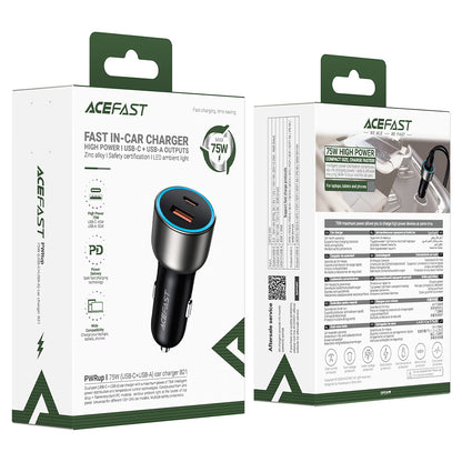 Auto punjač Acefast B21, 75W, 3A, 1 x USB-A - 1 x USB-C, Siva
