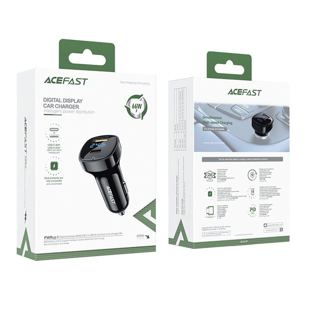 Auto punjač Acefast B4, 66W, 3A, 1 x USB-A - 1 x USB-C, Crni