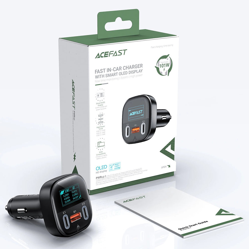 Auto punjač Acefast B5 Display, 101W, 5A, 1 x USB-A - 2 x USB-C, Crni
