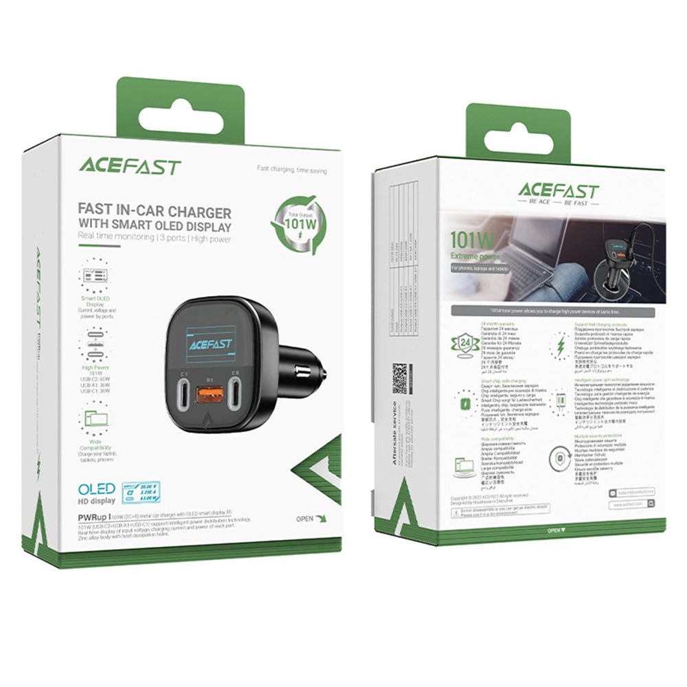 Auto punjač Acefast B5 Display, 101W, 5A, 1 x USB-A - 2 x USB-C, Crni