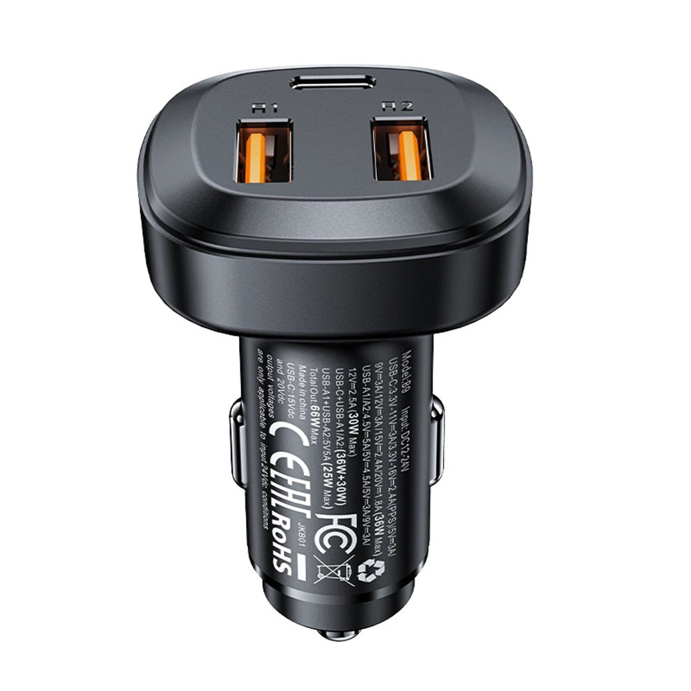 Auto punjač Acefast B9, 66W, 5A, 2 x USB-A - 1 x USB-C, Crni