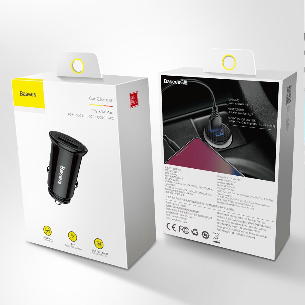 Auto punjač Baseus, 30W, 3A, 1 x USB-A - 1 x USB-C, Crni CCALL-YS01