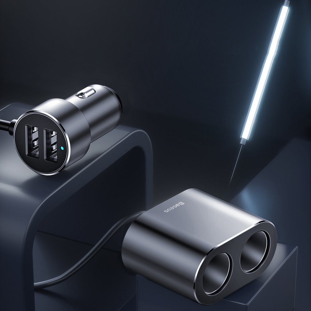 Car Charger Baseus High Efficiency, 95W, 2.1A, 2 x Cigarette Lighter Extension - 2 x USB-A, Grey CRDYQ-01 CRDYQ-01 