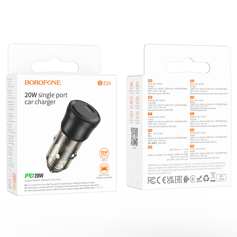 Auto punjač Borofone BZ24 Clever, 20W, 3A, 1 x USB-C, Crni
