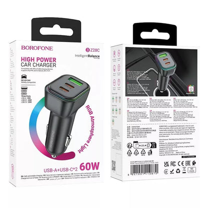 Auto punjač Borofone BZ28C Trophie, 60W, 3A, 1 x USB-A, 2 x USB-C, Crni