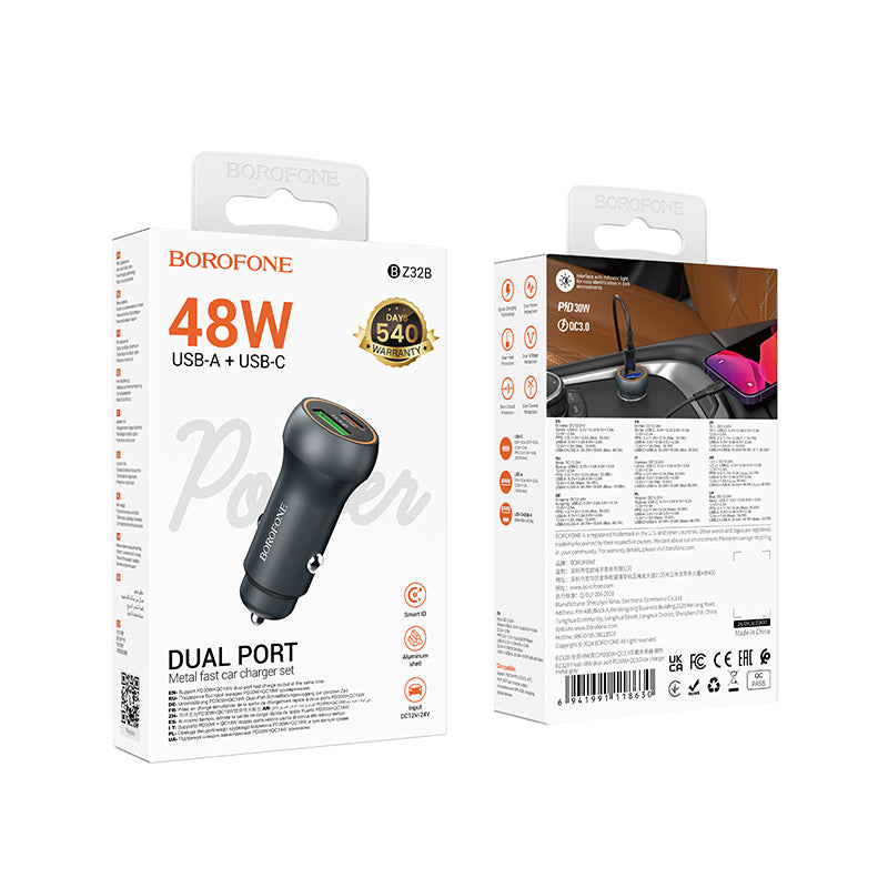 Auto punjač Borofone BZ32B Fresh, 48W, 3A, 1 x USB-A - 1 x USB-C, Sivi