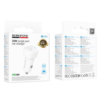 Auto punjač Borofone BZ34A Cloud, 20W, 3A, 1 x USB-C, Beli