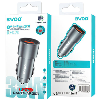 Auto punjač BWOO BO-CC73, 38W, 3A, 1 x USB-A - 1 x USB-C, Srebrni