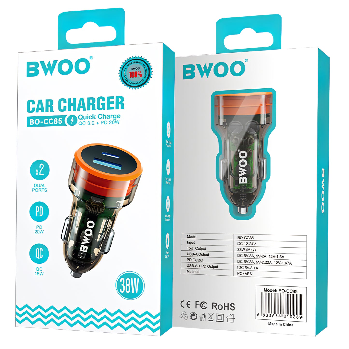 Auto punjač BWOO BO-CC85, 38W, 3A, 1 x USB-A - 1 x USB-C, Crni