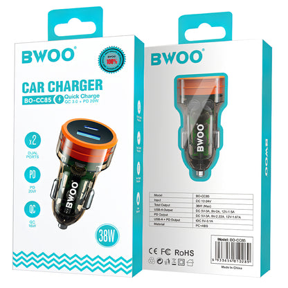 Auto punjač BWOO BO-CC85, 38W, 3A, 1 x USB-A - 1 x USB-C, Crni