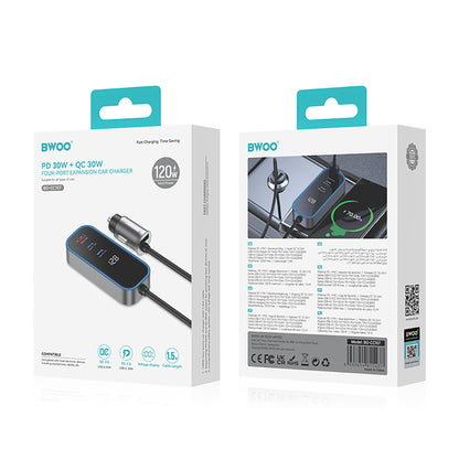 Auto punjač BWOO CC107 Display, 120W, 3A, 2 x USB-A - 2 x USB-C, Crni